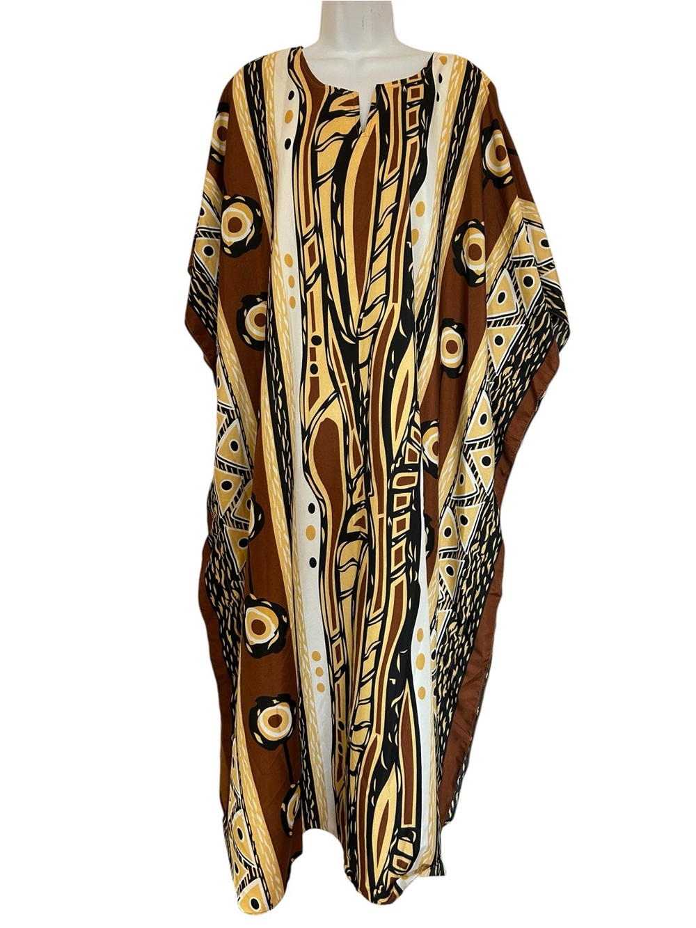 Winlar 70s Inspired Bohemian Kaftan Muumuu Maxi Dress Brown Cream OS Resort